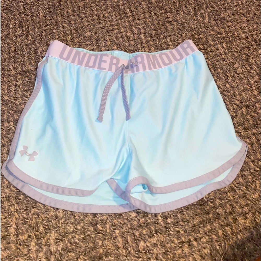 Teal and White Under Armour Athletic Shorts- Size YXL (Barley Worn)